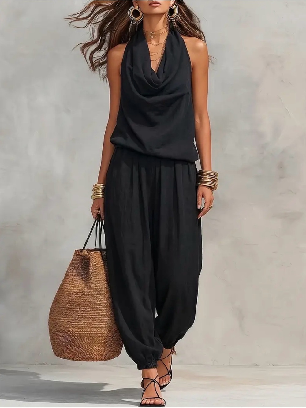 Women’s 2 piece Black Halter linen Jumpsuit. - Picture 1 of 8